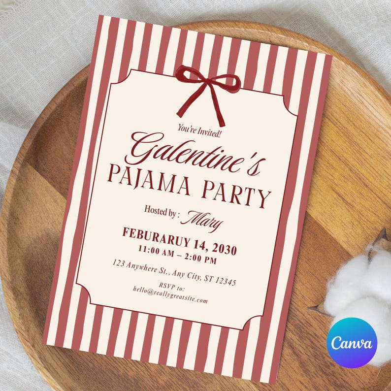 Galentines Pajama Party

Girls Night PJ Invitation

Editable Galentine Canva

Pink Sleepover Party Invite

Valentine's Day PJ Invite

Printable Girls Night In

Cute Eye Mask Invite

Fun Pajama Contest Invite

Minimal Red Stripe Invite

Digital Invite for Besties

Instant Download Galentine

Mobile PJ Party Invitation

Custom Galentine Sleepover
Galentine Invite

Pajama Party

Girls Night In

Sleepover Invite

Canva Template

Digital Download

PJ Party Invite

Valentines Party

Editable Evite