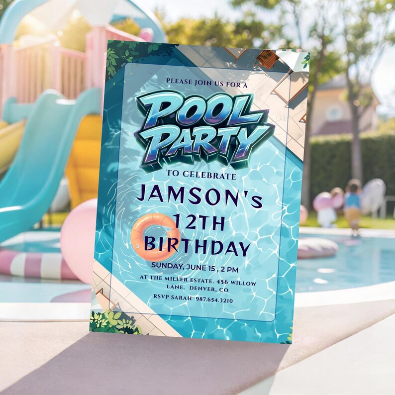 Editable blue pool party birthday invitation canva template, boys summer swim party invite with 3D text, poolside birthday celebration invitation with orange swim ring graphic, tropical summer bash invite with shimmering blue water background digital, customizable 5x7 blue pool party birthday celebration for boys, high resolution modern summer bash invitation for children, printable pool party invite with lounge chairs and pool graphics, summer birthday party invitations for kids ready to edit,