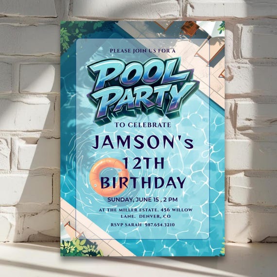 Pool Party Birthday Invitation, Blue Summer Swim Party Invite, Boys Poolside Birthday, 3D Typography Birthday Invite, Canva Template