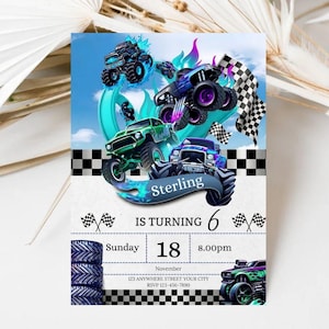 Op de afbeelding: Verjaardagsuitnodiging met monstertrucks in groen, blauw en paars tegen een blauwe lucht. De uitnodiging bevat de naam "Sterling", de leeftijd "6" en evenementdetails.