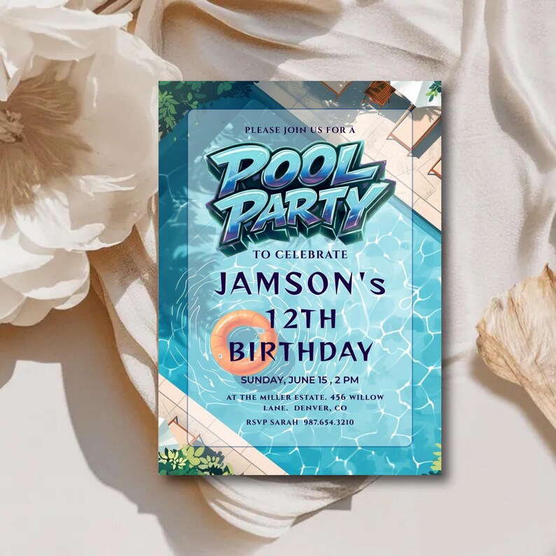 Editable blue pool party birthday invitation canva template, boys summer swim party invite with 3D text, poolside birthday celebration invitation with orange swim ring graphic, tropical summer bash invite with shimmering blue water background digital, customizable 5x7 blue pool party birthday celebration for boys, high resolution modern summer bash invitation for children, printable pool party invite with lounge chairs and pool graphics, summer birthday party invitations for kids ready to edit,