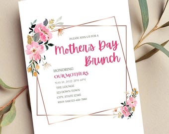 Mother's Day Brunch Invitation, Floral Mother's Day Invite, Rose Gold  Brunch Party evite, Digital Download, Printable, editable Invitation