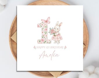 Watercolor Bunny 1st Birthday Card Girl, Personalised Baby Girl Greeting Card,  Printable Rabbit Birthday Template Canva
