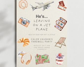 Travel Theme Farewell Party Invitation | Boho Airplane, Editable Canva Template (Digital Download)