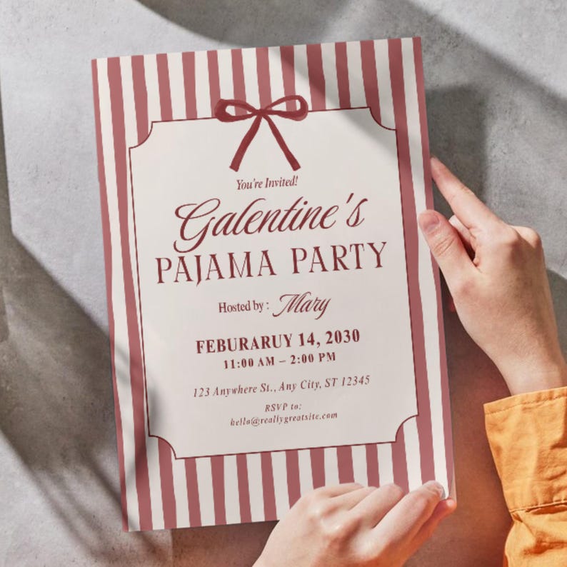 Galentines Pajama Party

Girls Night PJ Invitation

Editable Galentine Canva

Pink Sleepover Party Invite

Valentine's Day PJ Invite

Printable Girls Night In

Cute Eye Mask Invite

Fun Pajama Contest Invite

Minimal Red Stripe Invite

Digital Invite for Besties

Instant Download Galentine

Mobile PJ Party Invitation

Custom Galentine Sleepover
Galentine Invite

Pajama Party

Girls Night In

Sleepover Invite

Canva Template

Digital Download

PJ Party Invite

Valentines Party

Editable Evite