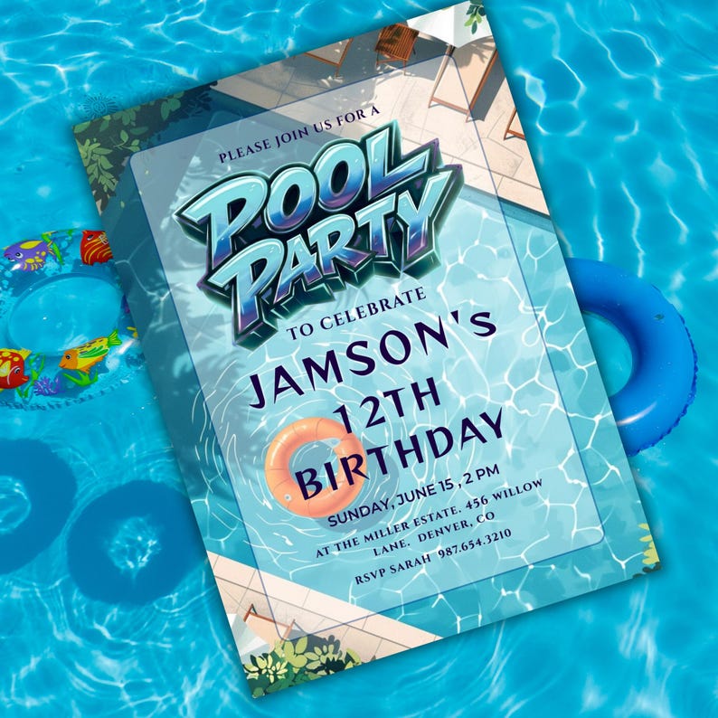 Editable blue pool party birthday invitation canva template, boys summer swim party invite with 3D text, poolside birthday celebration invitation with orange swim ring graphic, tropical summer bash invite with shimmering blue water background digital, customizable 5x7 blue pool party birthday celebration for boys, high resolution modern summer bash invitation for children, printable pool party invite with lounge chairs and pool graphics, summer birthday party invitations for kids ready to edit,