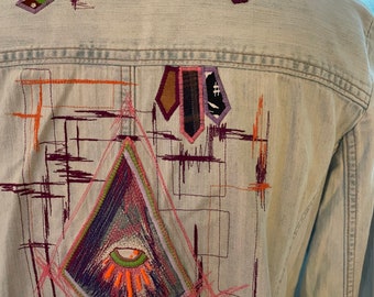 Wondrous eyeball crystal cluster freestyle embroidery blue jean button up long sleeve recycle green upscale