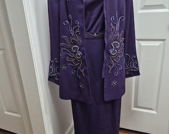 Vtg Donna Vinci Purple 2-Piece Suit, Beaded Floral Embroidery, Scroll Pattern