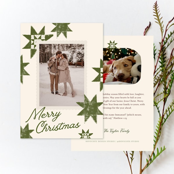 North Star Quilt Christmas Card Template with Photo, Hand Drawn Quilt Frame, Festive Vintage, 4 Color Variations, Editable Canva Template