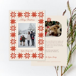 May include: Christmas card featuring a family photo within a red star-patterned border. The words "Merry Christmas" are displayed. The reverse side shows a dog and text. The card has a cream background.