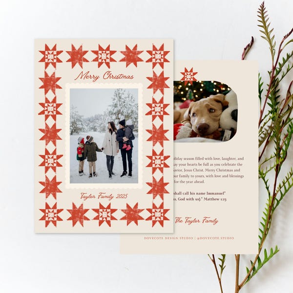May include: Christmas card featuring a family photo within a red star-patterned border. The words "Merry Christmas" are displayed. The reverse side shows a dog and text. The card has a cream background.
