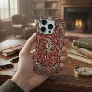 Op de afbeelding: Een smartphonehoesje met een oosters tapijtontwerp. De hoes heeft een rode achtergrond met ingewikkelde patronen in blauw, goud en zwart. De hoes wordt in een hand gehouden, waarbij het ontwerp en de textuur worden benadrukt.