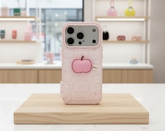 Pink Plaid iPhone Case with 3D Apple, Kawaii Coquette Cover