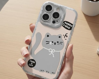 Cute Gray Cat iPhone Case Pink Kawaii Kitten Cover iPhone 16 15 14 Pro Max Soft Silicone Bumper Cartoon Animal Shockproof Gift Her