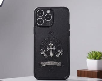 Funda para iPhone con cruz gótica, metal cromado 3D, piel sintética negra con un toque vanguardista
