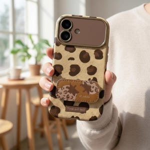 May include: A tan and brown leopard print phone case with a brown camera cover. The case has a matching brown pop-up grip with a floral design and the text "Time will tell".