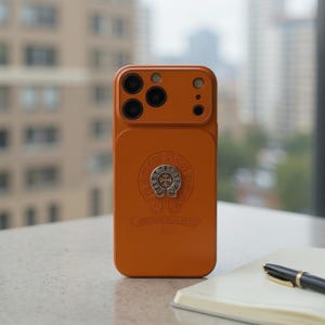 May include: An orange leather phone case with a silver emblem on the back. The case has a raised camera section with multiple lenses. The background is blurred, showing a cityscape and a desk with a notebook and pen.