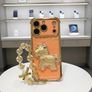Puede incluir: Una funda de teléfono de color melocotón con un marco dorado y un diseño de caballo dorado. La funda tiene la inscripción "GET RICH". Una pulsera de cuentas transparentes y doradas está unida a la funda.