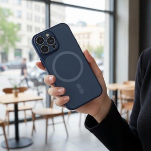 May include: A navy blue phone case with a circular design on the back. The case has a clear, protective design and is held in a person's hand. The phone case is designed to fit a smartphone.