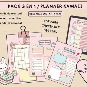 Puede incluir: Un conjunto de planificadores digitales con temática kawaii, que incluye un calendario mensual, un rastreador de hábitos y un planificador semanal. El diseño incluye ilustraciones de conejitos, cactus e iconos de tazas de café. Disponible en A4 y A5.