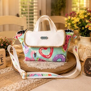 Handmade Colorful Summer Canvas Lunch Tote with White Vinyl Flap & Adjustable Shoulder Strap