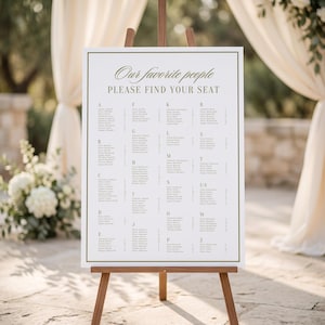 Puede incluir: Un cartel de distribución de asientos de boda blanco sobre un caballete de madera. El cartel presenta un borde verde oscuro y el texto Our favorite people PLEASE FIND YOUR SEAT, seguido de una lista alfabética de nombres y mesas.