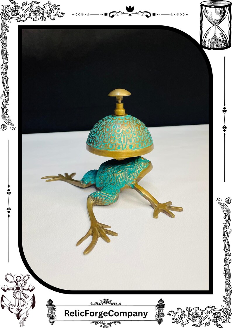 May include: A decorative brass bell with a turquoise patina, shaped like a frog. The bell has an ornate design and a small handle. The frog's legs are outstretched, and the bell sits atop its back. The text "RelicForgeCompany" is at the bottom.