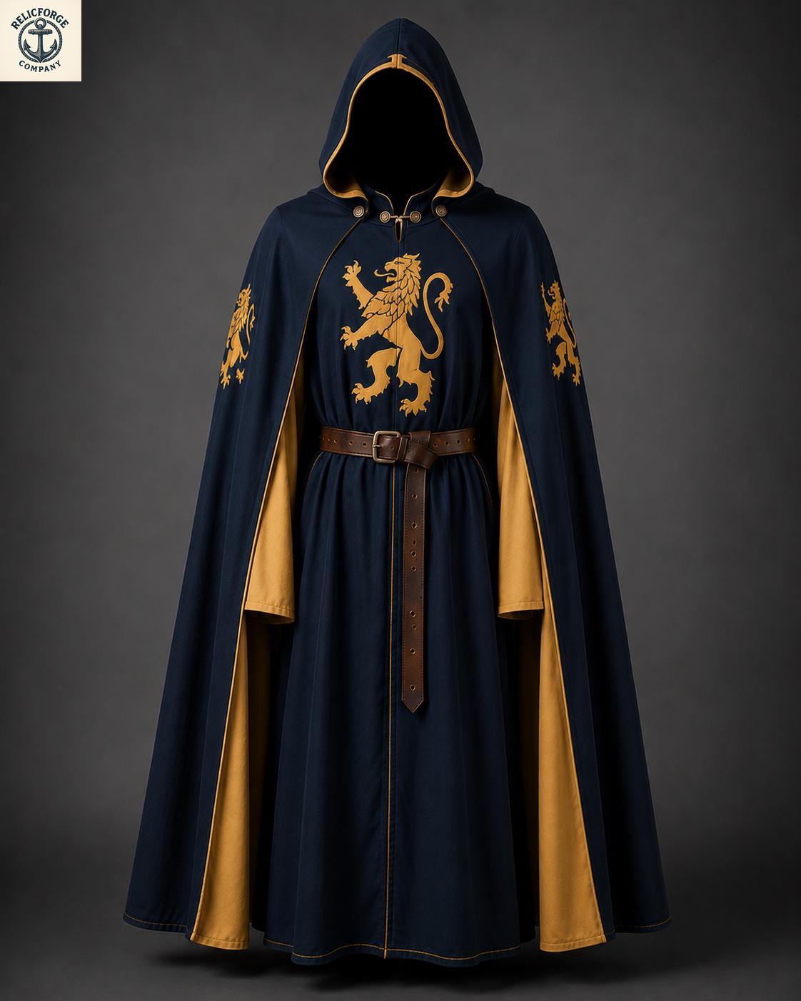Medieval Navy Blue Hooded Cloak Tunic Set, Gold Lion Fantasy Knight ...