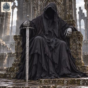 Pode incluir: Uma figura encapuzada com uma túnica preta esfarrapada sentada num trono de pedra, segurando uma espada de metal longa e desgastada na vertical. A figura usa manoplas metálicas e a espada apresenta uma guarda em cruz e um pomo pontiagudo.