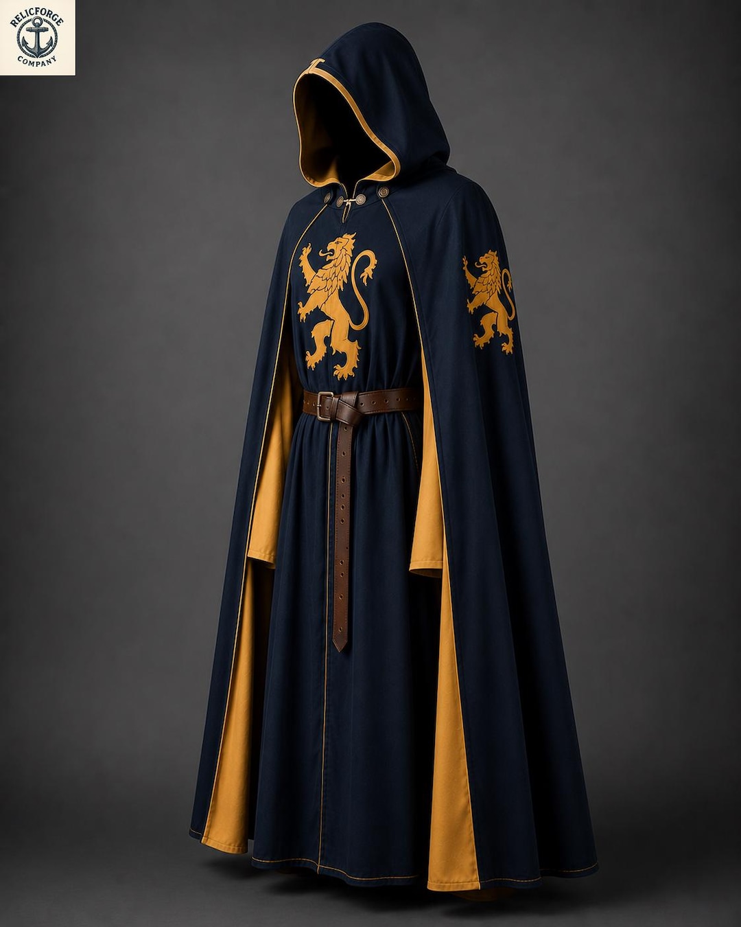 Medieval Navy Blue Hooded Cloak Tunic Set, Gold Lion Fantasy Knight ...