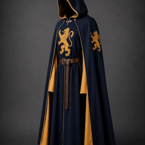 May include: A dark navy blue hooded cloak featuring a gold lion emblem on the chest and shoulders. The garment has a gold lining, a brown leather belt at the waist, and a metal clasp at the neck. The Relicforge Company logo is in the corner.