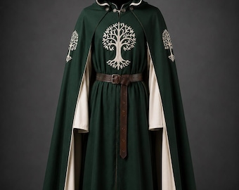 Long green cape decorated with a tree of life, which represents the resilience and vitality of nature.Style Fantasy Celtic elven
