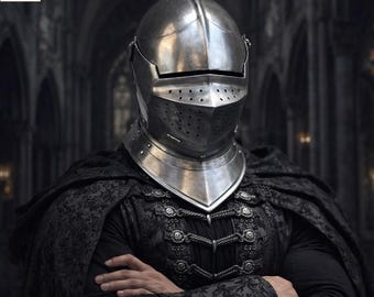 May include: A polished steel knight's helmet with a visor and neck guard. The helmet is part of a black outfit with ornate detailing and a cape. The Relicforge Company logo is in the upper left corner.