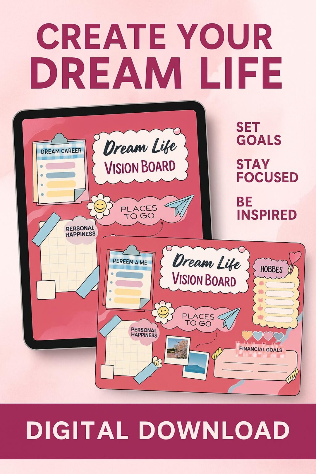 Vision Board Printable | Dream Life Planner | Goal Setting Worksheet ...