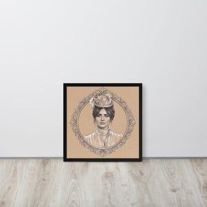 May include: Framed pencil sketch of a woman in a vintage hat and attire. The portrait is set within an ornate oval frame, all encased in a black rectangular frame. The artwork is displayed on a neutral background.