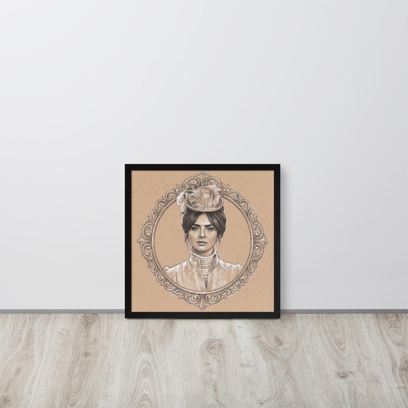 May include: Framed pencil sketch of a woman in a vintage hat and attire. The portrait is set within an ornate oval frame, all encased in a black rectangular frame. The artwork is displayed on a neutral background.