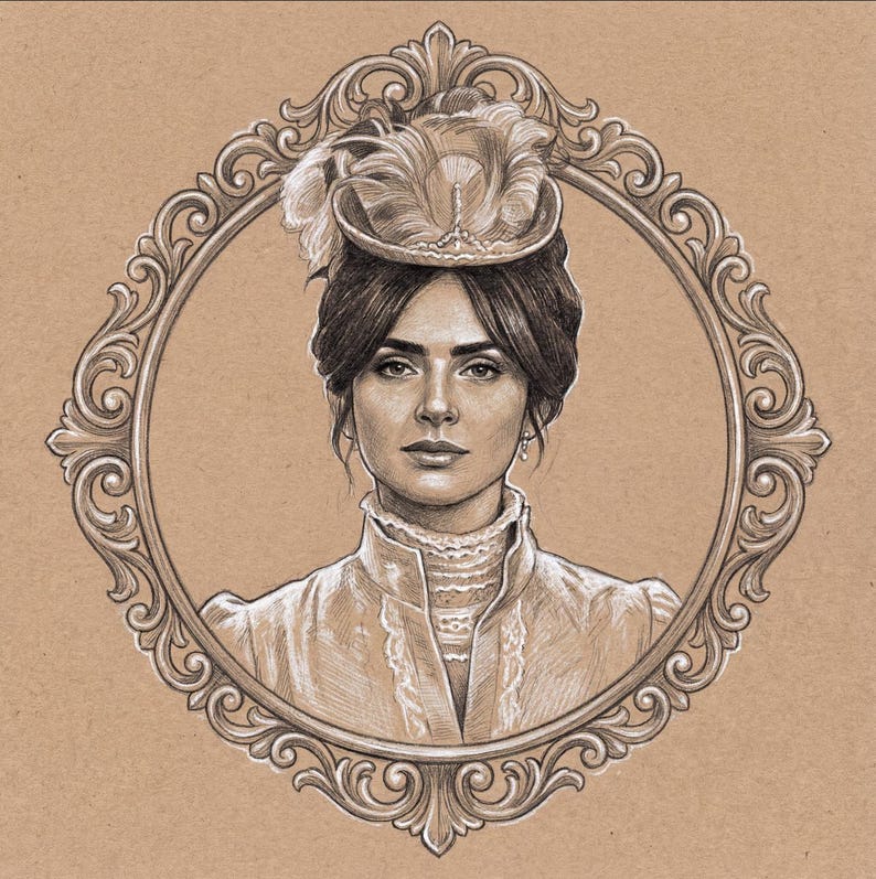 May include: A pencil drawing of a woman in a vintage hat and dress, framed within an ornate oval. The portrait features detailed shading and highlights, with the woman's gaze directed forward. The hat is adorned with feathers.