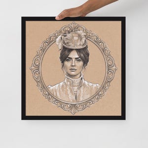 May include: A framed pencil sketch of a woman in a vintage hat and dress, set within an ornate oval frame. The artwork is in shades of brown and beige, with the woman's portrait as the focal point. The frame is black.