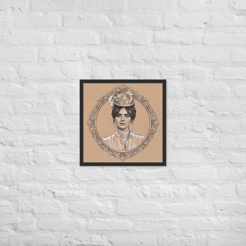 May include: Framed portrait of a woman in a vintage hat and attire. The sepia-toned artwork is set within an ornate oval frame, encased in a black frame. The portrait is set against a tan background.