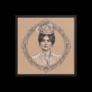 May include: A framed pencil drawing of a woman in a vintage dress and hat, set within an ornate oval frame. The artwork is in sepia tones, with detailed shading and a classic aesthetic. The woman's portrait is the focal point.