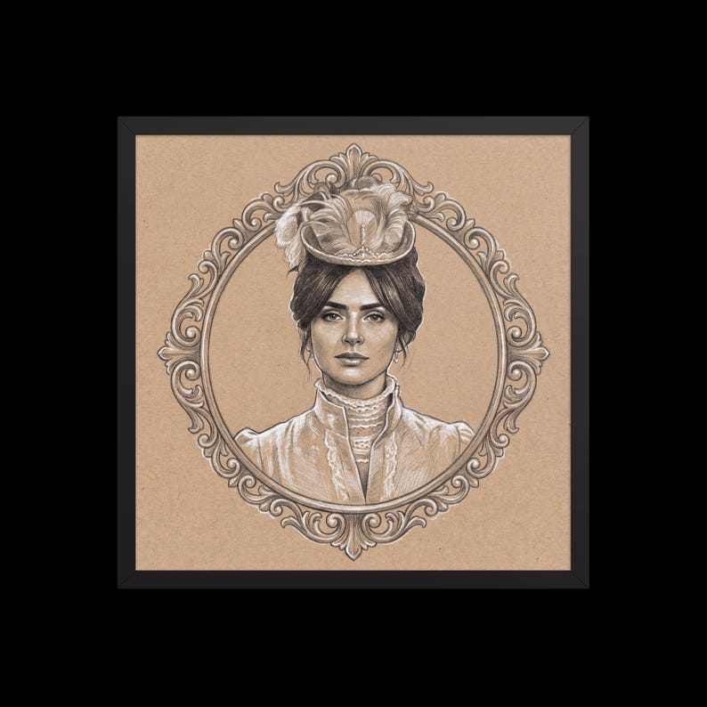 May include: A framed pencil drawing of a woman in a vintage dress and hat, set within an ornate oval frame. The artwork is in sepia tones, with detailed shading and a classic aesthetic. The woman's portrait is the focal point.