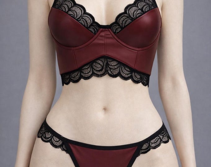 Featured listing image: Vegan Leather Lingerie Set, Lace Detail