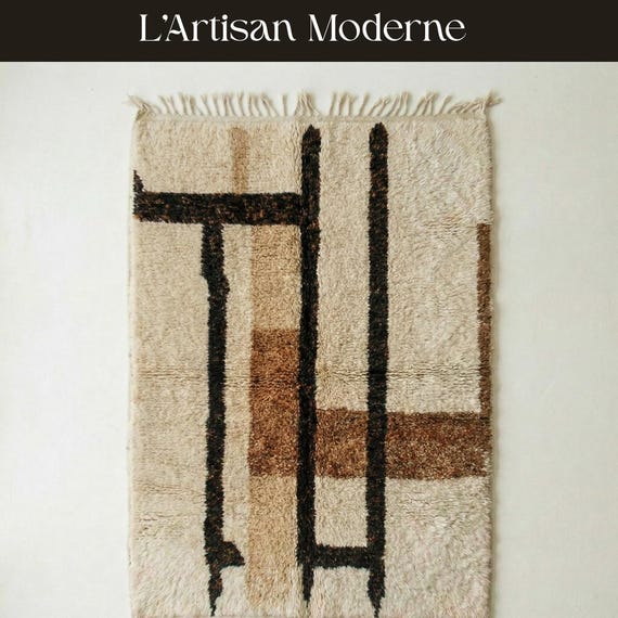 Mid Century Modern Moroccan Rug | Brown and Cream Wool Shag | Color Block Beni Ourain Carpet | Custom Handmade Linear Area Rug