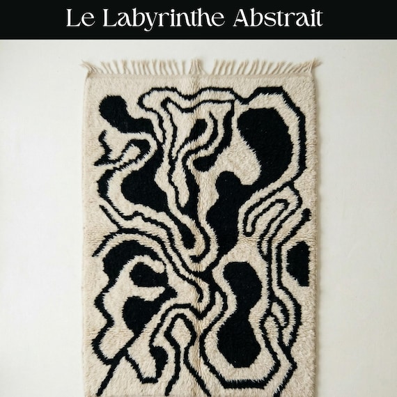 Abstract Wavy Beni Ourain Rug | Modern Black and White Moroccan Wool Shag | Contemporary Organic Line Carpet | Custom Handmade Area Rug