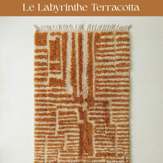 Terracotta Geometric Moroccan Rug | Rust and Cream Wool Shag | Boho Maze Beni Ourain Carpet | Custom Handmade Mid Century Area Rug