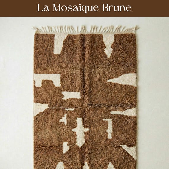Brown and Cream Abstract Moroccan Rug | Modern Color Block Wool Shag | Earthy Beni Ourain Carpet | Custom Handmade Geometric Area Rug