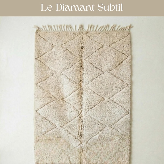 Neutral Tone-on-Tone Diamond Rug | Cream Moroccan Wool Shag | Textured Beni Ourain Carpet | Minimalist Carved Geometric Area Rug