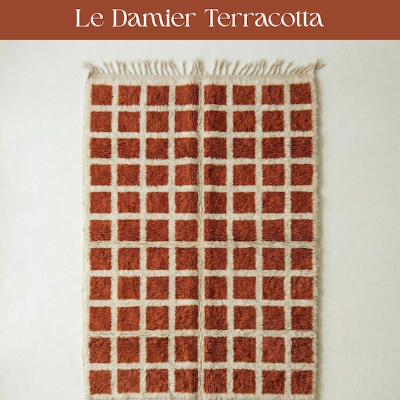 Terracotta Grid Moroccan Rug | Rust Cream Check Wool Shag | Warm Checkered Beni Ourain Carpet | Custom Handmade Boho Area Rug
