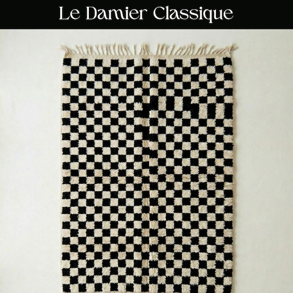 Black and White Checkerboard Rug | Modern Moroccan Wool Shag | Checkered Beni Ourain Carpet | Custom Handmade Geometric Area Rug