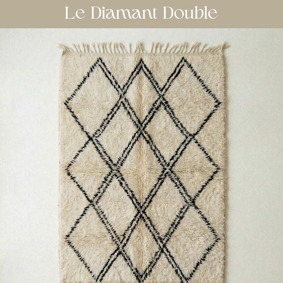 Double Diamond Beni Ourain Rug | Cream and Black Moroccan Wool Shag | Geometric Berber Carpet | Custom Handmade Tribal Area Rug